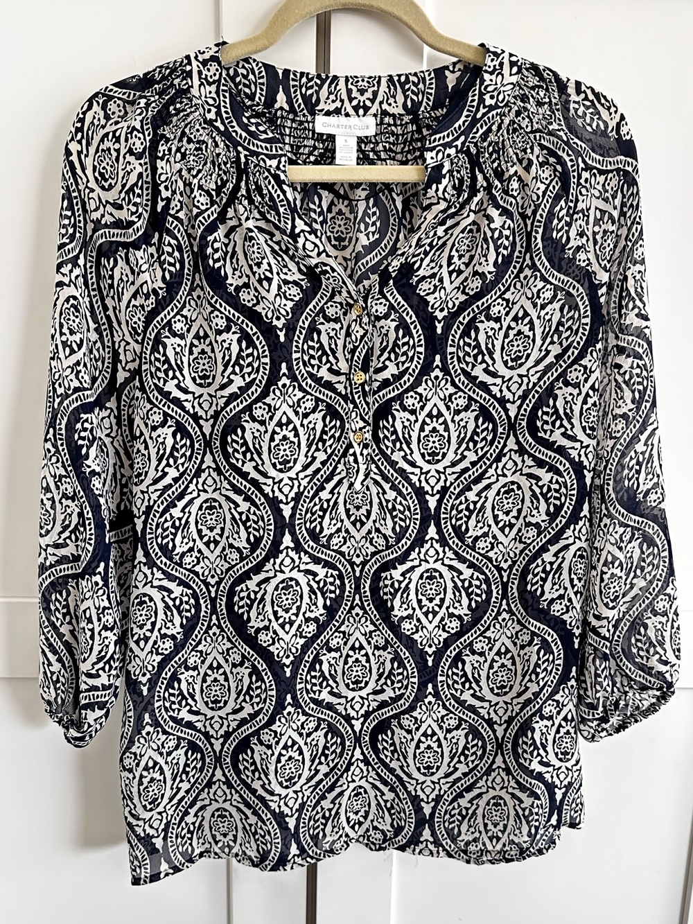 Charter Club Navy Blue White Paisley Print Blouse Size Small